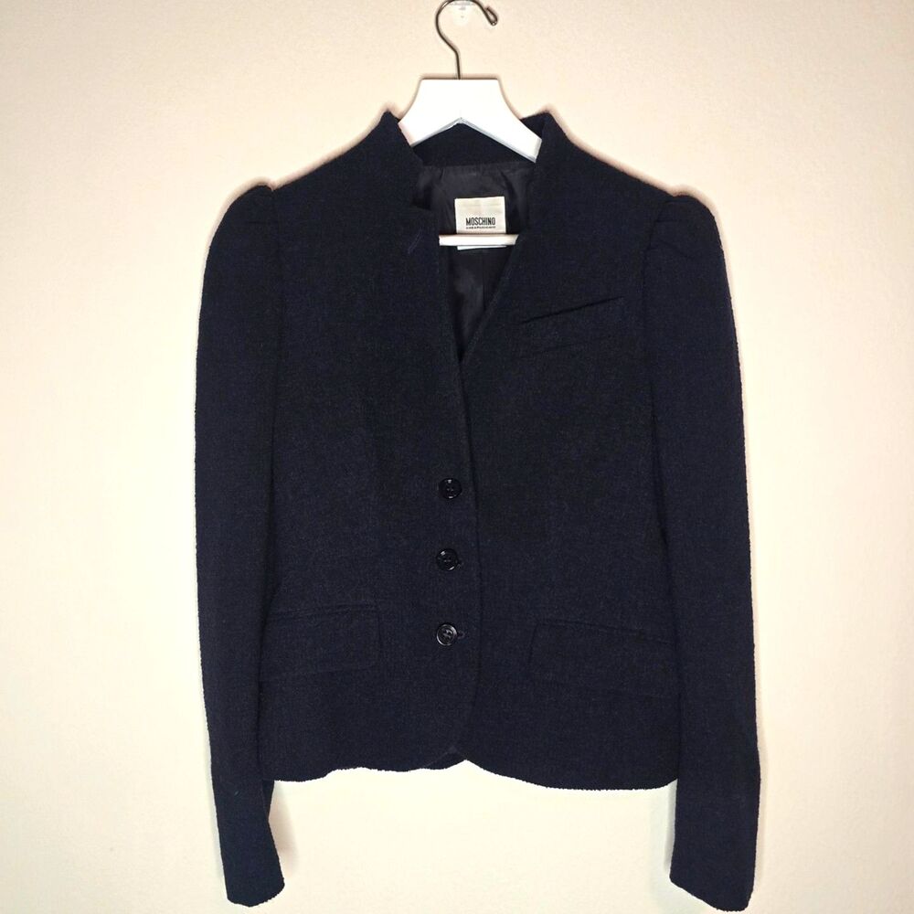MOSCHINO Cheap and Chic Virgin Wool Cropped Jacket Navy Split Collar Sz 10